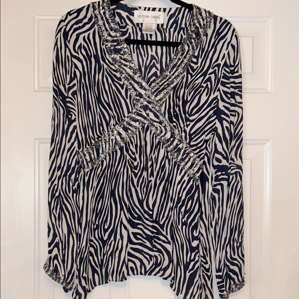 Victor Costa Silk Zebra Print Top 12 Blue White Old Money Beaded Sequins Glam